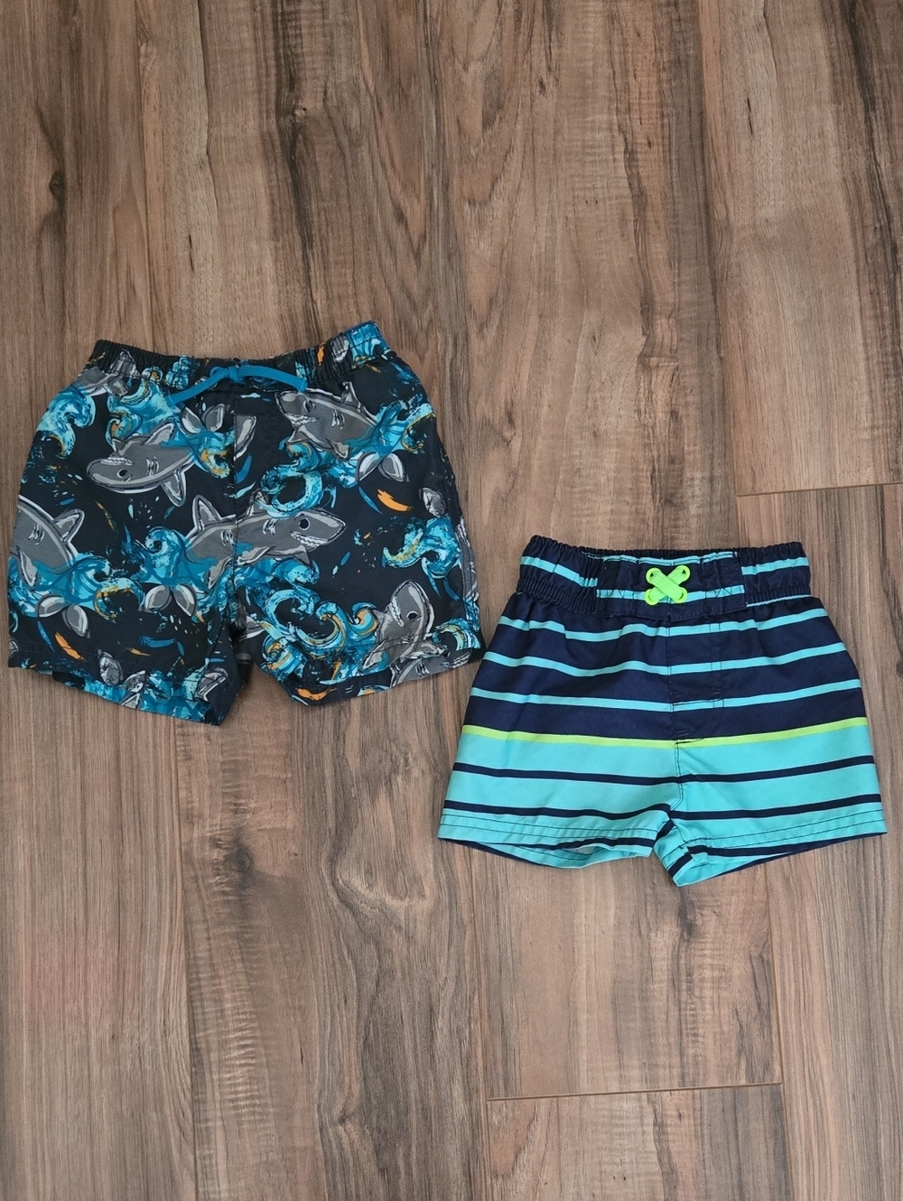 Blue Shark Print Swim Shorts 12 Months and Teal Stripe Swim Trunks 9-12 Months